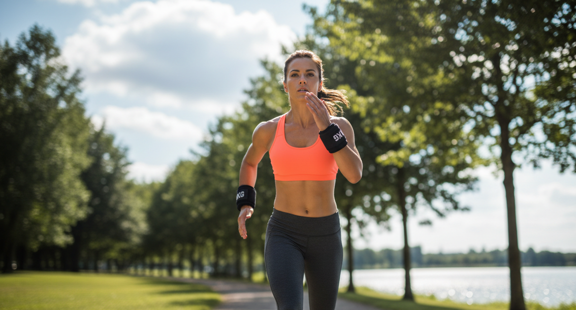 A woman running on a tree-lined path near a lake, wearing a bright orange sports bra, dark gray leggings, and black armbands.